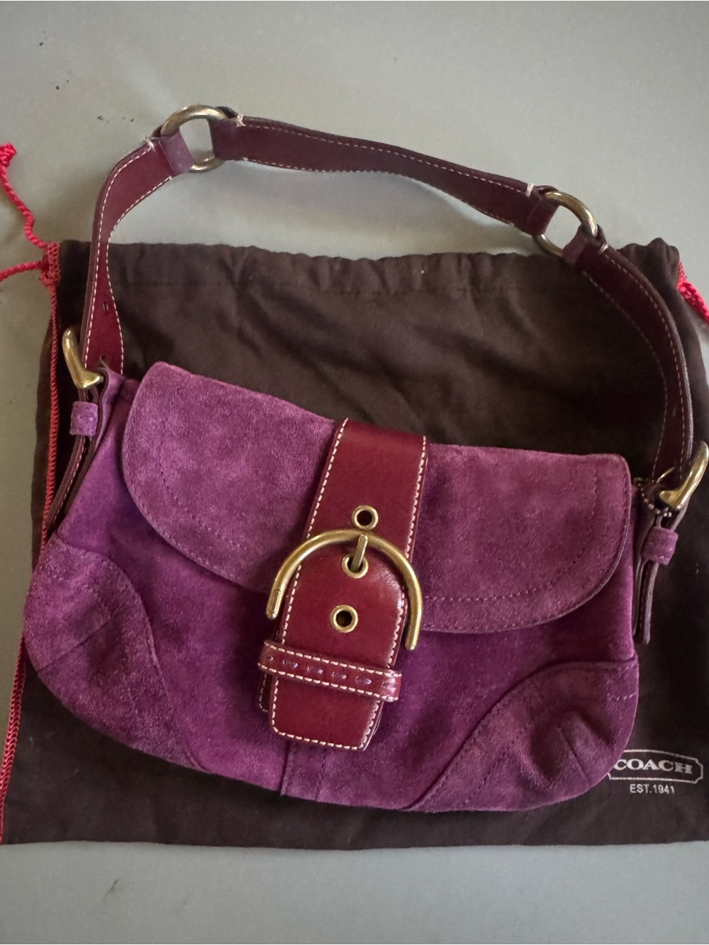 NWOT Vintage Y2K Coach Plum Suede Shoulder Bag with Leather Trim